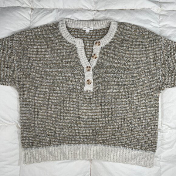 Blu Pepper Marled Knit Long Sleeve Taupe Pullover Sweater Split Neckline Size M - Picture 5 of 13